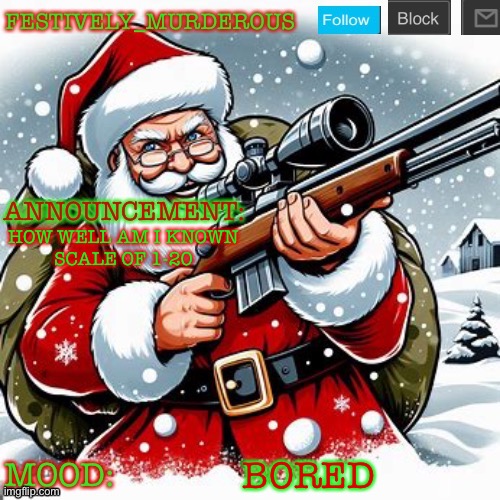 I’m msmg | HOW WELL AM I KNOWN

SCALE OF 1-20; BORED | image tagged in murderous christmas temp | made w/ Imgflip meme maker