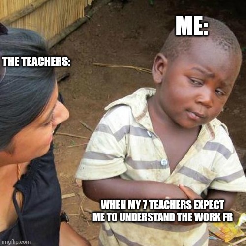 School be like: | ME:; THE TEACHERS:; WHEN MY 7 TEACHERS EXPECT ME TO UNDERSTAND THE WORK FR | image tagged in memes,third world skeptical kid,school,middle school,online school | made w/ Imgflip meme maker