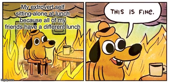 Please tell me I'm not the only one | My extrovert self sitting alone at lunch because all of my friends have a different lunch | image tagged in memes,this is fine | made w/ Imgflip meme maker