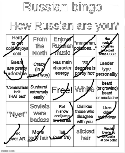 The communists were terrible, but their music is good and so is Kalashnikov's rifle. | image tagged in russian bingo | made w/ Imgflip meme maker