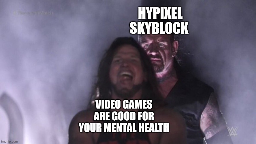 AJ Styles & Undertaker | VIDEO GAMES ARE GOOD FOR YOUR MENTAL HEALTH HYPIXEL SKYBLOCK | image tagged in aj styles undertaker | made w/ Imgflip meme maker