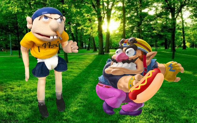 Wario dies by stealing Jeffy's hot dog | image tagged in landscape,wario dies,sml,crossover | made w/ Imgflip meme maker