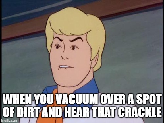 Vacuum Crackle | WHEN YOU VACUUM OVER A SPOT OF DIRT AND HEAR THAT CRACKLE | image tagged in fred biting lip,vacuum cleaner | made w/ Imgflip meme maker