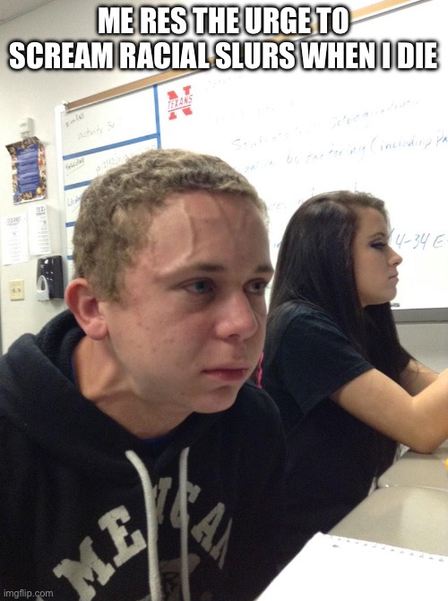 Veins forehead kid | ME RESISTING THE URGE TO SCREAM RACIAL SLURS WHEN I DIE | image tagged in veins forehead kid | made w/ Imgflip meme maker