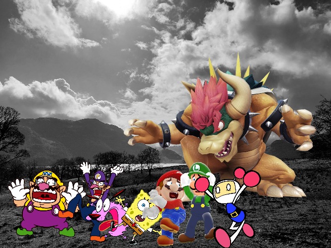 Wario and friends die by Giga Bowser in the dark woods | image tagged in dark landscape,wario dies,crossover | made w/ Imgflip meme maker