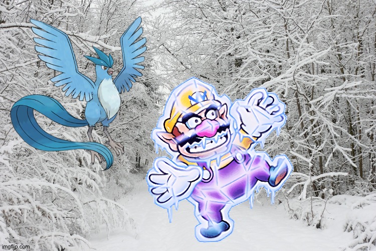 Wario dies by Articuno's blizzard attack in the snowy forest | image tagged in snowy forest,wario dies,pokemon,crossover | made w/ Imgflip meme maker