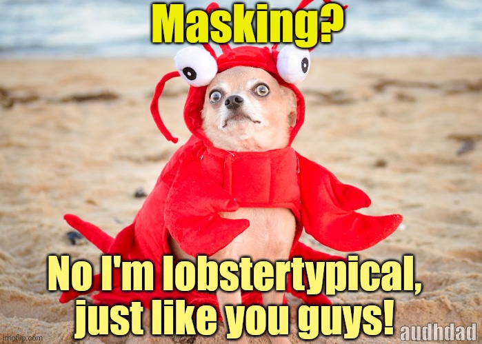 "I'm not masking, I'm lobstertypical just like you guys!" | Masking? No I'm lobstertypical, just like you guys! audhdad | image tagged in memes,neurotypical,masking,adhd,cute animals,autism | made w/ Imgflip meme maker
