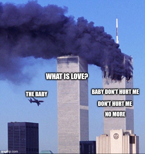 cool lead chords intensifies | WHAT IS LOVE? BABY DON'T HURT ME; THE BABY; DON'T HURT ME; NO MORE | image tagged in 9/11 | made w/ Imgflip meme maker