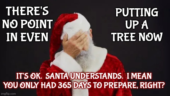 What Tree? | THERE'S NO POINT IN EVEN; PUTTING UP A TREE NOW; IT'S OK.  SANTA UNDERSTANDS.  I MEAN YOU ONLY HAD 365 DAYS TO PREPARE, RIGHT? | image tagged in there's no point now,christmas eve,christmas tree,christmas gifts,santa naughty list,memes | made w/ Imgflip meme maker
