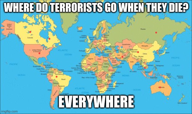 world map | WHERE DO TERRORISTS GO WHEN THEY DIE? EVERYWHERE | image tagged in world map | made w/ Imgflip meme maker