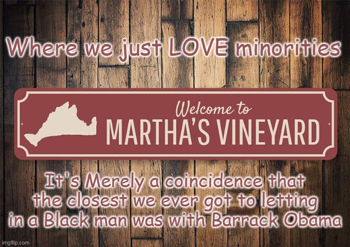 Ooops !      Forgot our Maids and Gardeners | Where we just LOVE minorities; It's Merely a coincidence that the closest we ever got to letting in a Black man was with Barrack Obama | image tagged in martha vineyard migrant meme | made w/ Imgflip meme maker