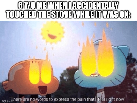 Who else have burned themselves when they were little? | 6 Y/O ME WHEN I ACCIDENTALLY TOUCHED THE STOVE WHILE IT WAS ON: | image tagged in there are no words to express the pain that i feel right now,relatable memes,fresh memes,apply cold water to burned area | made w/ Imgflip meme maker