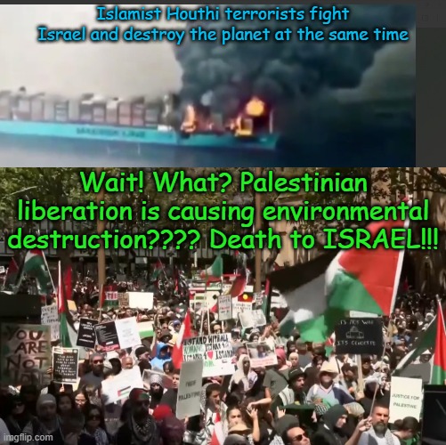 The hypocrisy of Woke... | Islamist Houthi terrorists fight Israel and destroy the planet at the same time; Wait! What? Palestinian liberation is causing environmental destruction???? Death to ISRAEL!!! | image tagged in terrorists,pro-palestine rally in sydney | made w/ Imgflip meme maker