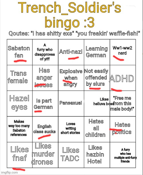 Trench_Soldier's bingo | image tagged in trench_soldier's bingo | made w/ Imgflip meme maker