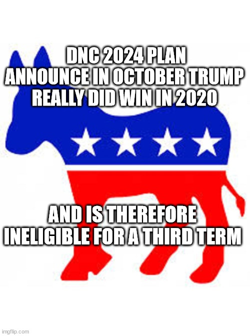 Pure Jaime Genius | DNC 2024 PLAN ANNOUNCE IN OCTOBER TRUMP REALLY DID WIN IN 2020; AND IS THEREFORE INELIGIBLE FOR A THIRD TERM | image tagged in democrat donkey,trump,election | made w/ Imgflip meme maker