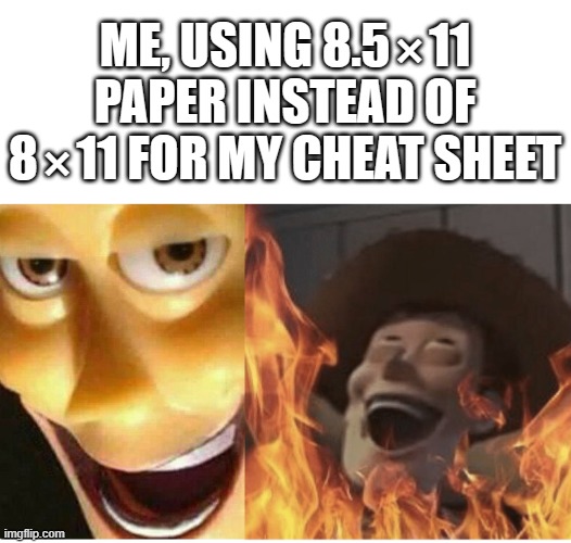It's finals week...it's almost over...all of it. | ME, USING 8.5⨯11 PAPER INSTEAD OF 8⨯11 FOR MY CHEAT SHEET | image tagged in fire woody,college,finals week | made w/ Imgflip meme maker