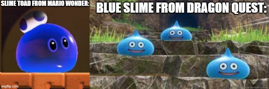 Mario X Dragon Quest CONFIRMED | SLIME TOAD FROM MARIO WONDER:; BLUE SLIME FROM DRAGON QUEST: | image tagged in mario | made w/ Imgflip meme maker