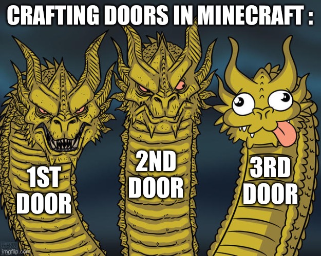 WHY IS IT LIKE THAT ?! | CRAFTING DOORS IN MINECRAFT :; 2ND DOOR; 3RD DOOR; 1ST DOOR | image tagged in three-headed dragon,minecraft,why,minecraft memes,gaming,video games | made w/ Imgflip meme maker