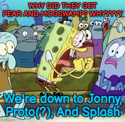Idk what side Royal Proto is on yet | WHY DID THEY GET PEAR AND MOGSWAMP? WHYYYYY; We're down to Jonny, Proto(?), And Splash | image tagged in spongebob yelling | made w/ Imgflip meme maker