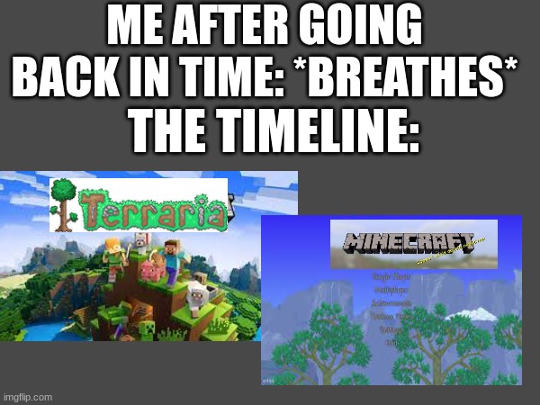 ........... | ME AFTER GOING BACK IN TIME: *BREATHES*; THE TIMELINE: | image tagged in time travel,minecraft,terraria | made w/ Imgflip meme maker