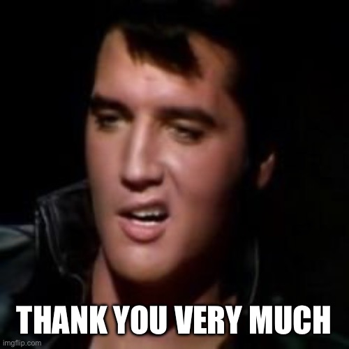 Elvis, thank you | THANK YOU VERY MUCH | image tagged in elvis thank you | made w/ Imgflip meme maker