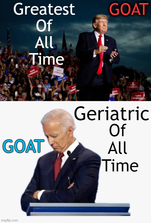 The Choice Couldn't Be More Clear | Greatest 
Of 
All 
Time; GOAT; Geriatric; GOAT; Of 
All 
Time | image tagged in political humor,donald trump,alpha male,joe biden,beta male,america first not last | made w/ Imgflip meme maker