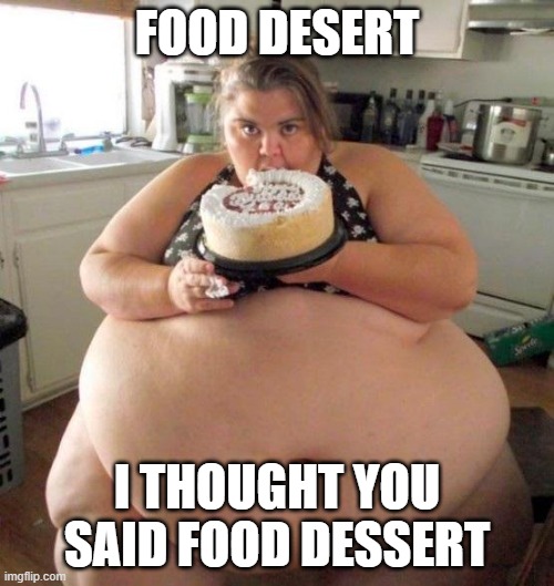 Too much food | FOOD DESERT; I THOUGHT YOU SAID FOOD DESSERT | image tagged in too much food | made w/ Imgflip meme maker