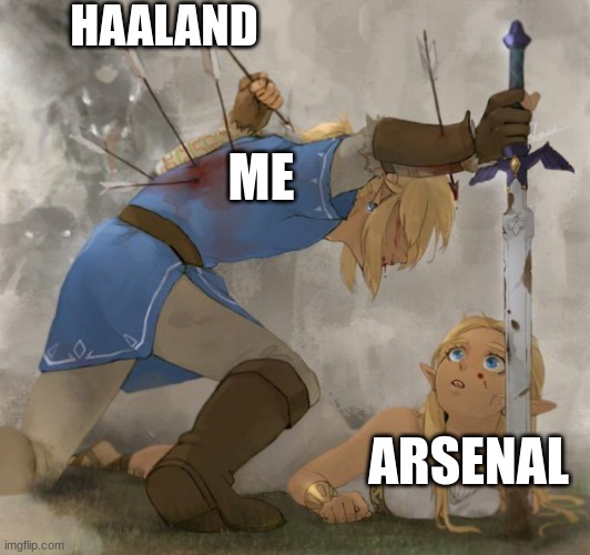 Link protecting injured Zelda meme | HAALAND; ME; ARSENAL | image tagged in link protecting injured zelda meme | made w/ Imgflip meme maker