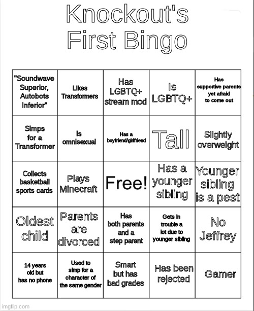 I made a bingo! Feel free to do it if you want to! | image tagged in knockout's bingo | made w/ Imgflip meme maker