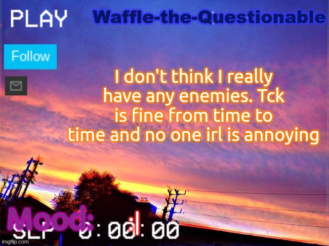 Not trying to show off | I don't think I really have any enemies. Tck is fine from time to time and no one irl is annoying; :| | image tagged in waffle-the-questionable | made w/ Imgflip meme maker