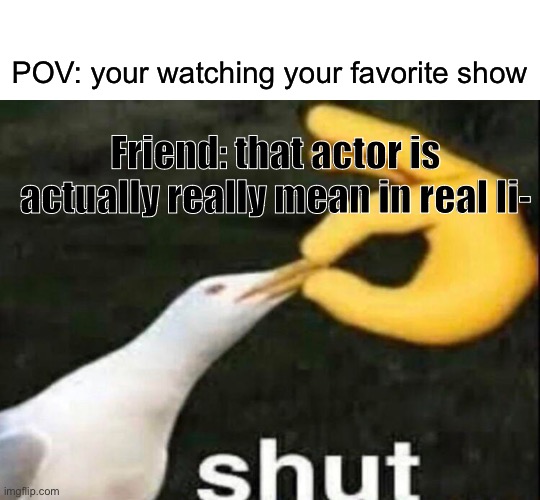 . | POV: your watching your favorite show; Friend: that actor is actually really mean in real li- | image tagged in shut | made w/ Imgflip meme maker