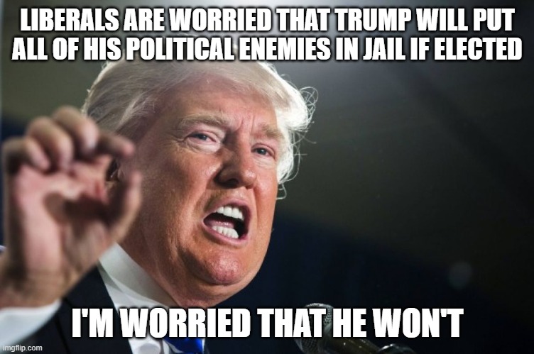 Corruption, fraud, money laundering, malicious prosecution, bribery, human trafficking...why would we want them in jail? | LIBERALS ARE WORRIED THAT TRUMP WILL PUT ALL OF HIS POLITICAL ENEMIES IN JAIL IF ELECTED; I'M WORRIED THAT HE WON'T | image tagged in donald trump,politics,government corruption,election fraud,liberal hypocrisy,democrats | made w/ Imgflip meme maker