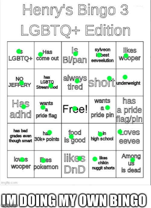 IM DOING MY OWN BINGO | image tagged in henry's bingo 3 lgbtq edition,white text box | made w/ Imgflip meme maker