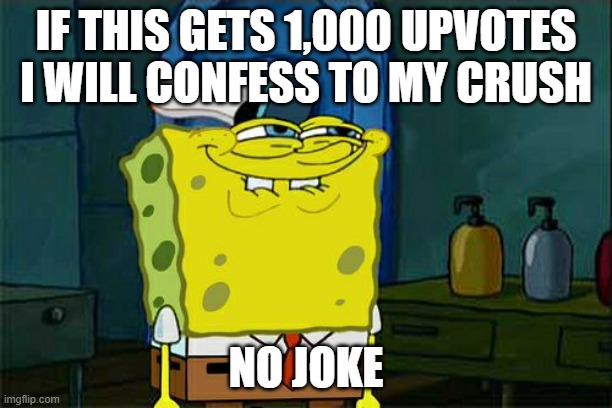 I WILL!!!!! | IF THIS GETS 1,000 UPVOTES I WILL CONFESS TO MY CRUSH; NO JOKE | image tagged in memes,don't you squidward | made w/ Imgflip meme maker