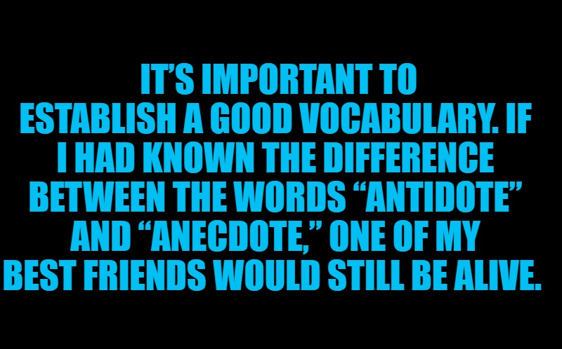 black screen | IT’S IMPORTANT TO ESTABLISH A GOOD VOCABULARY. IF I HAD KNOWN THE DIFFERENCE BETWEEN THE WORDS “ANTIDOTE” AND “ANECDOTE,” ONE OF MY BEST FRIENDS WOULD STILL BE ALIVE. | image tagged in black screen | made w/ Imgflip meme maker