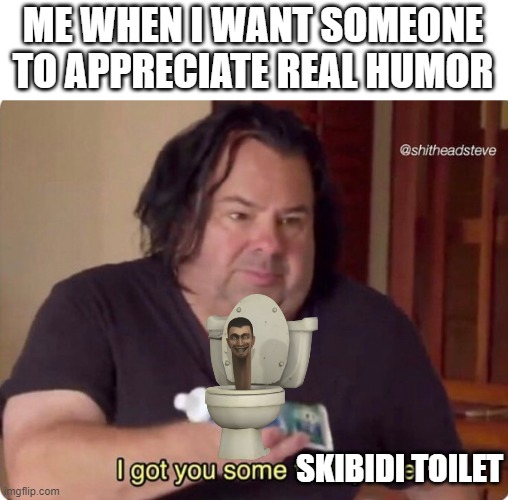you guys need to see som real funni stuf | ME WHEN I WANT SOMEONE TO APPRECIATE REAL HUMOR; SKIBIDI TOILET | image tagged in i got you some toothpaste,skibidi toilet | made w/ Imgflip meme maker