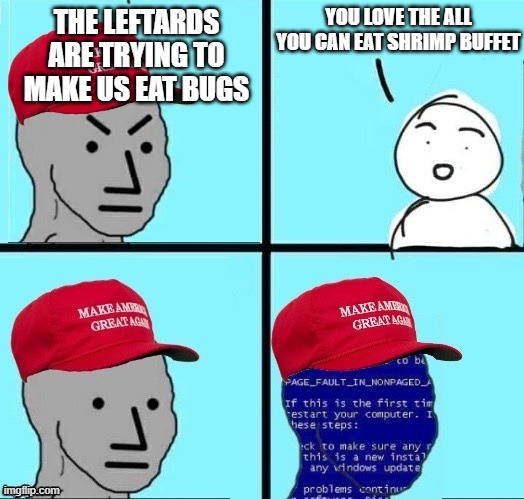 come on, give it a try! you love eating underwater bugs!... lol | YOU LOVE THE ALL YOU CAN EAT SHRIMP BUFFET; THE LEFTARDS ARE TRYING TO MAKE US EAT BUGS | image tagged in angry maga npc page fault,politics | made w/ Imgflip meme maker