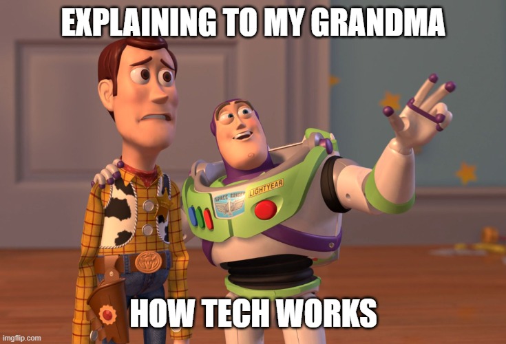 X, X Everywhere | EXPLAINING TO MY GRANDMA; HOW TECH WORKS | image tagged in memes,x x everywhere | made w/ Imgflip meme maker