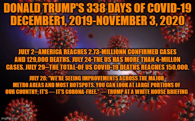 July 30--Trump announces the death of Herman Cain from "The China Virus." | DONALD TRUMP'S 338 DAYS OF COVID-19
DECEMBER1, 2019-NOVEMBER 3, 2020; JULY 2--AMERICA REACHES 2.73-MILLIONN CONFIRMED CASES AND 129,000 DEATHS. JULY 24-THE US HAS MORE THAN 4-MILLON CASES. JULY 29--THE TOTAL-OF US COVID-19 DEATHS REACHES 150,000. JULY 28: “WE’RE SEEING IMPROVEMENTS ACROSS THE MAJOR METRO AREAS AND MOST HOTSPOTS. YOU CAN LOOK AT LARGE PORTIONS OF OUR COUNTRY; IT’S — IT’S CORONA-FREE.” — TRUMP AT A WHITE HOUSE BRIEFING | image tagged in politics | made w/ Imgflip meme maker