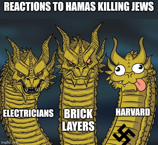 Three-headed Dragon | REACTIONS TO HAMAS KILLING JEWS; HARVARD; BRICK LAYERS; ELECTRICIANS | image tagged in three-headed dragon | made w/ Imgflip meme maker