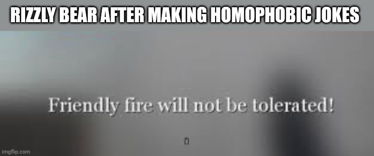 Friendly fire will not be tolerated | RIZZLY BEAR AFTER MAKING HOMOPHOBIC JOKES | image tagged in friendly fire will not be tolerated | made w/ Imgflip meme maker