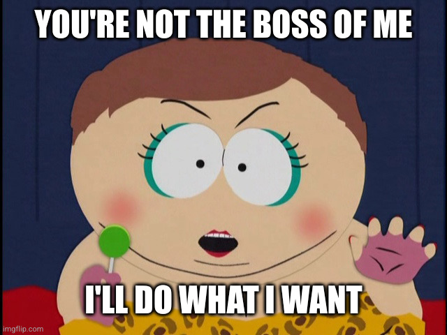 Cartman, Ill do what i want | YOU'RE NOT THE BOSS OF ME I'LL DO WHAT I WANT | image tagged in cartman ill do what i want | made w/ Imgflip meme maker