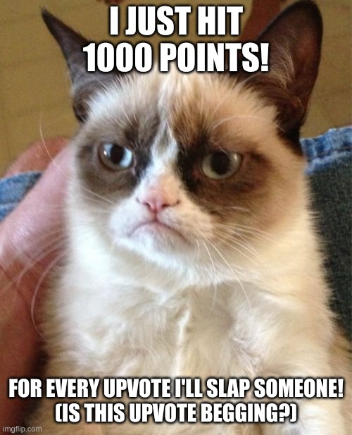 Yay | I JUST HIT 1000 POINTS! FOR EVERY UPVOTE I'LL SLAP SOMEONE!







(IS THIS UPVOTE BEGGING?) | image tagged in memes,grumpy cat | made w/ Imgflip meme maker