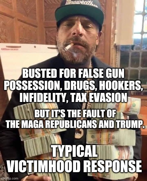 Typical Victim Hood | BUSTED FOR FALSE GUN POSSESSION, DRUGS, HOOKERS, INFIDELITY, TAX EVASION; BUT IT'S THE FAULT OF THE MAGA REPUBLICANS AND TRUMP. TYPICAL VICTIMHOOD RESPONSE | image tagged in hunter biden bag man,leftists,liberals,democrats,hunter | made w/ Imgflip meme maker