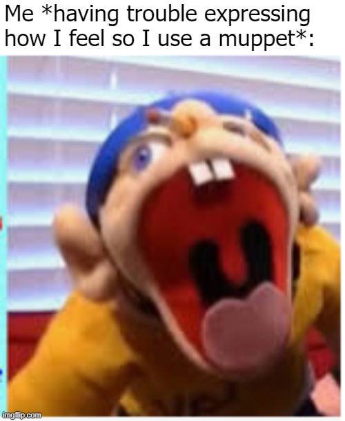 jeffy funny face | Me *having trouble expressing how I feel so I use a muppet*: | image tagged in jeffy funny face,funny,feelings,reaction | made w/ Imgflip meme maker
