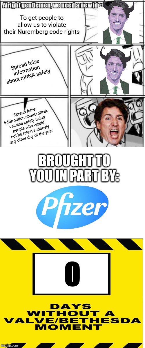 To get people to allow us to violate their Nuremberg code rights; Spread false information about mRNA safety; Spread false information about mRNA vaccine safety using people who would not be taken seriously any other day of the year; BROUGHT TO YOU IN PART BY:; 0 | image tagged in memes,alright gentlemen we need a new idea,blank white template,pfizer logo transparent | made w/ Imgflip meme maker