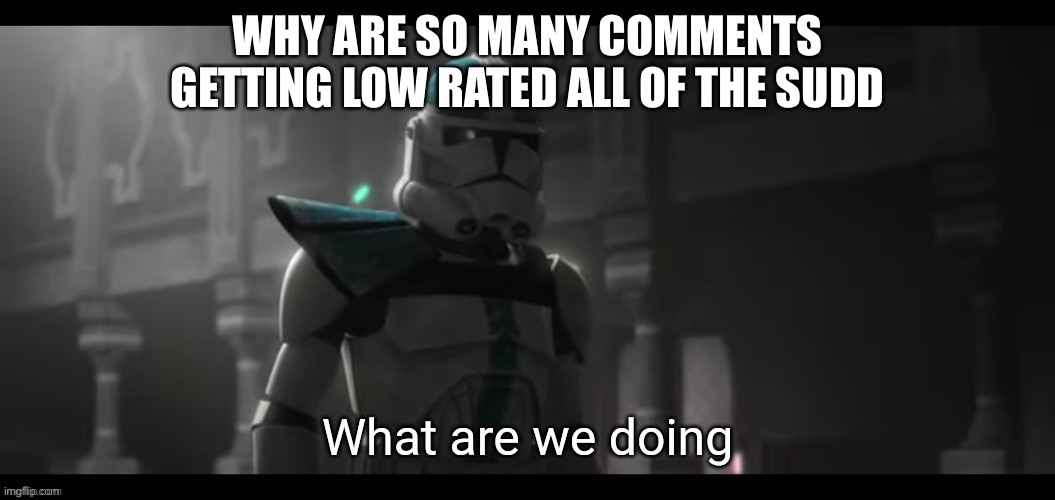 What are we doing | WHY ARE SO MANY COMMENTS GETTING LOW RATED ALL OF THE SUDDEN | image tagged in what are we doing | made w/ Imgflip meme maker