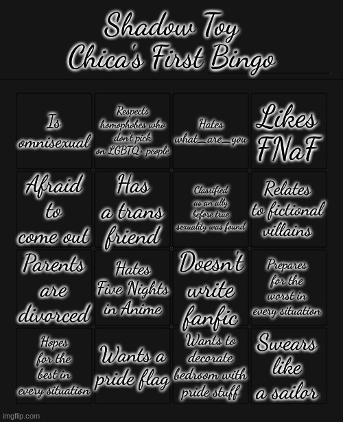 Shadow Toy Chica's Bingo | image tagged in shadow toy chica's bingo | made w/ Imgflip meme maker