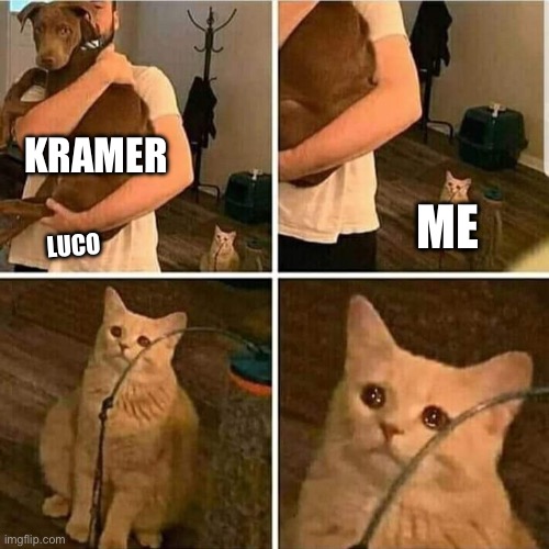 Iykyk | KRAMER; ME; LUCO | image tagged in sad cat holding dog | made w/ Imgflip meme maker