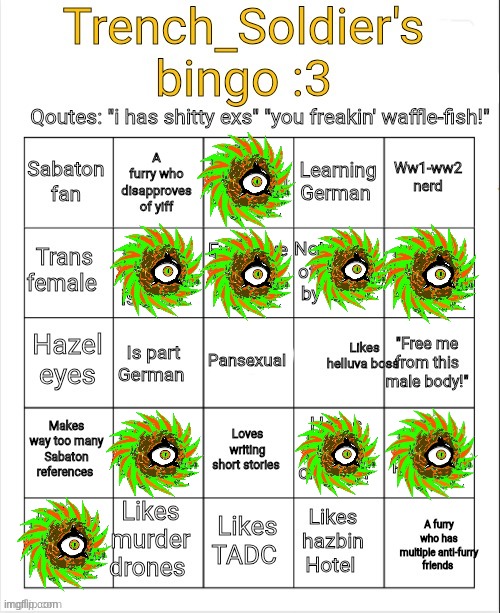 one away from a bingo. i got walled off. fair enogh. | image tagged in trench_soldier's bingo | made w/ Imgflip meme maker